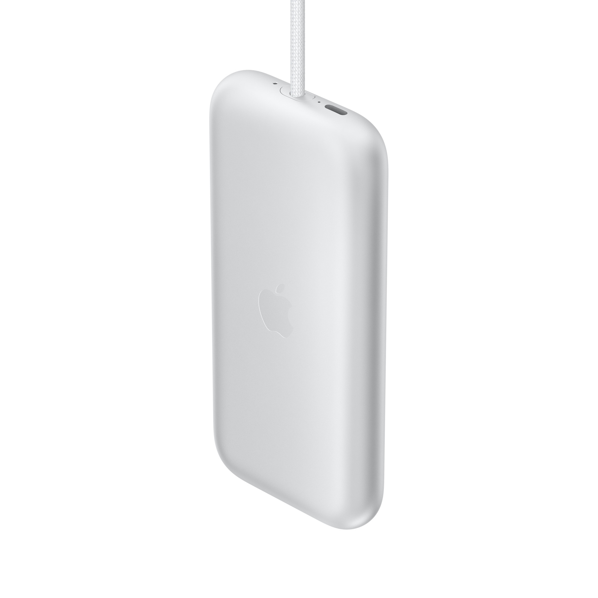 Apple Vision Pro Battery с логотипом Apple, прямоугольная форма, закругленные углы, прямые стороны, светодиодные индикаторы рядом со встроенным кабелем и портом USB-C