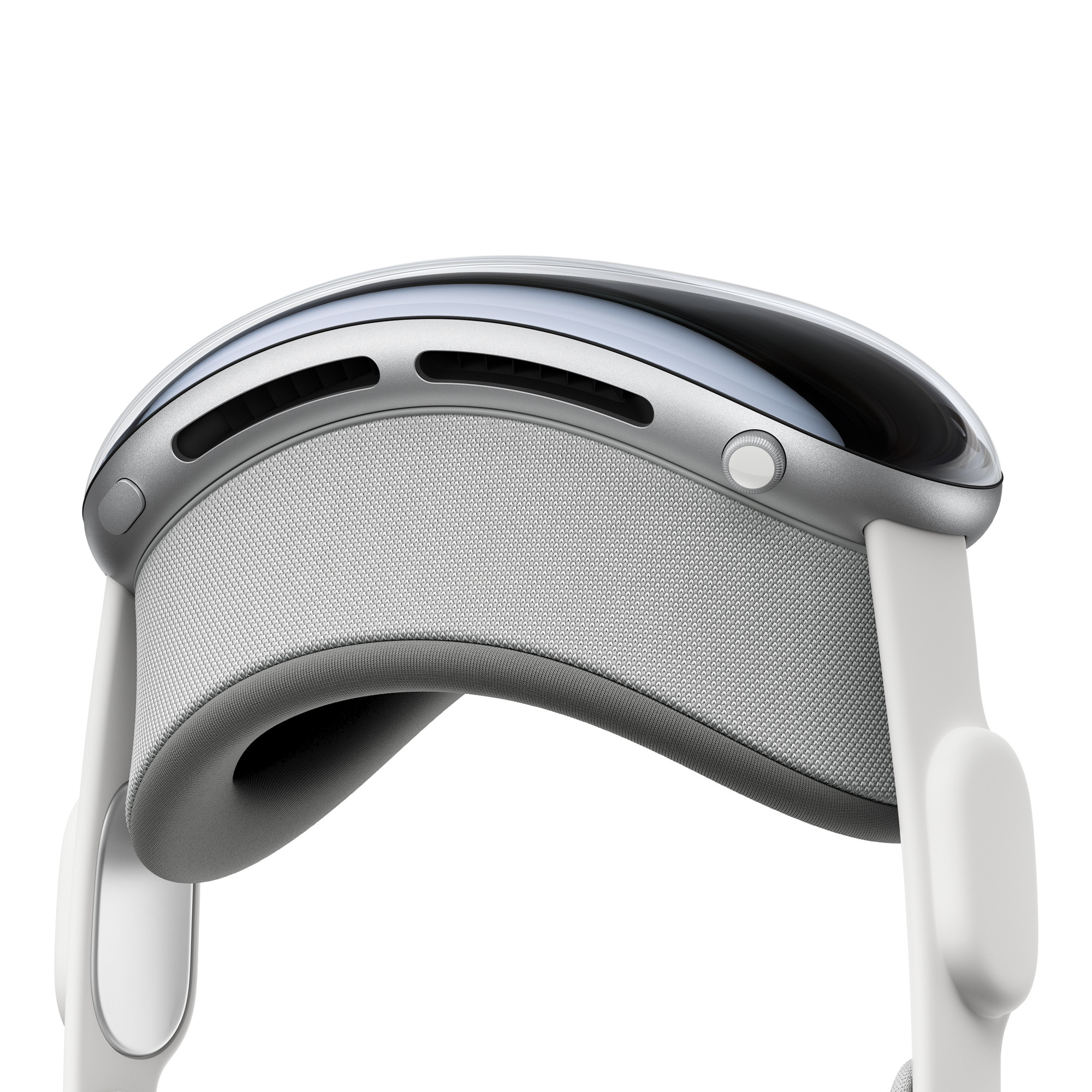 В собранном виде световое уплотнение и Light Seal Cushion прикреплены к алюминиевому корпусу Apple Vision Pro с подключенным Audio Straps.