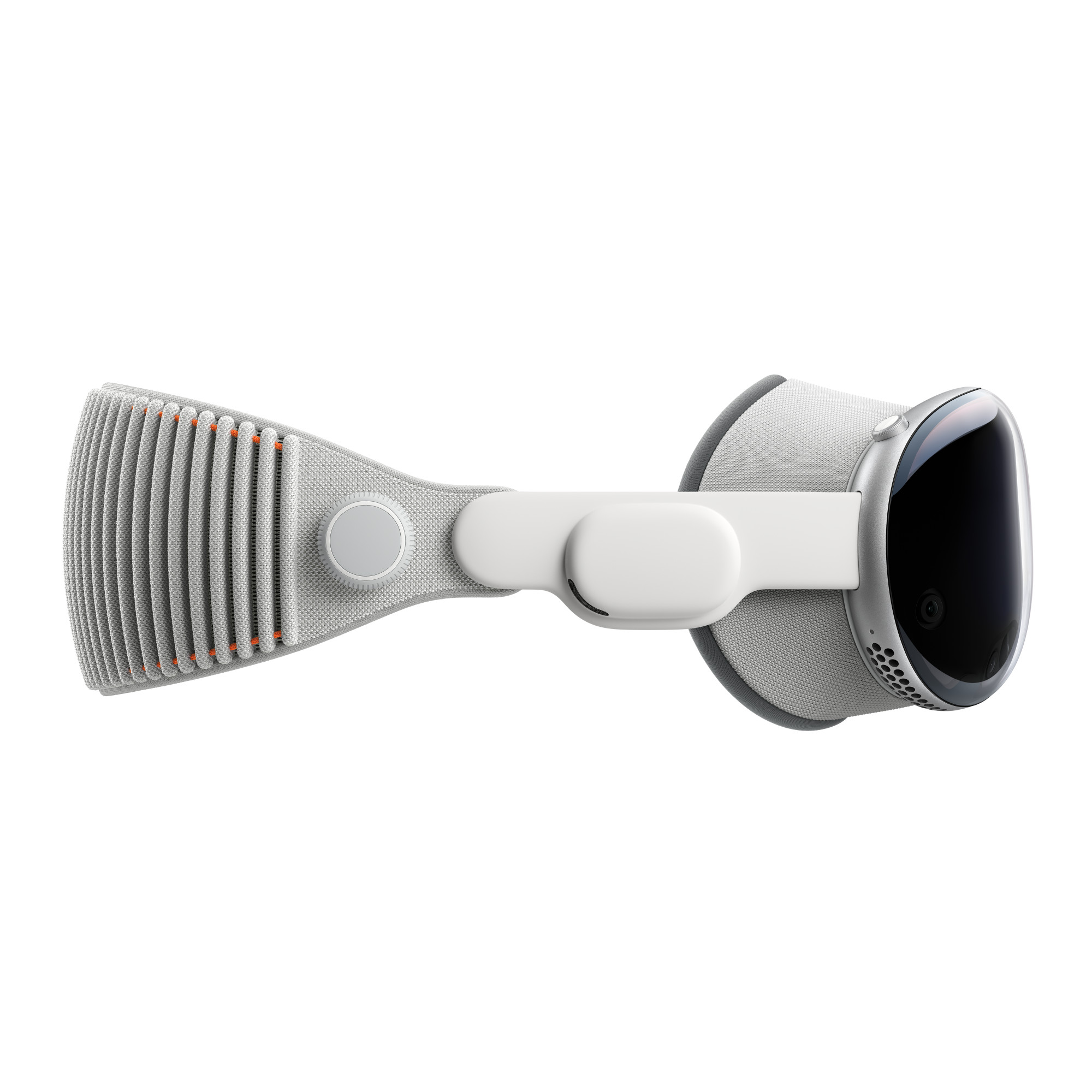 Внешняя сторона, Apple Vision Pro в сборе с Light Seal, аудиоремешком и ребристой лентой Solo Knit.